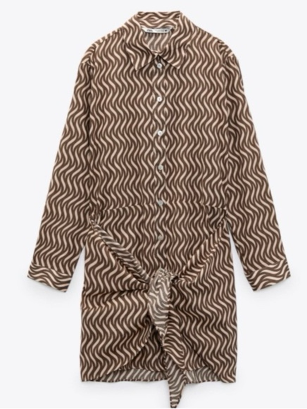 Zara Taupe and White Wave-Print Shirt Mini Dress